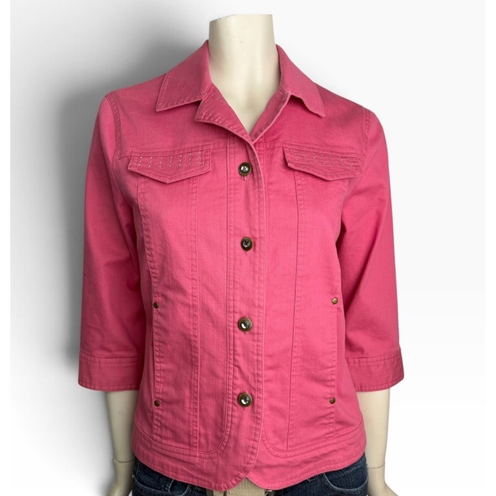 Allison Daley Pink Rhinestone Denim Jacket Y2K Boxy Trucker 3/4 Sleeve Size 10